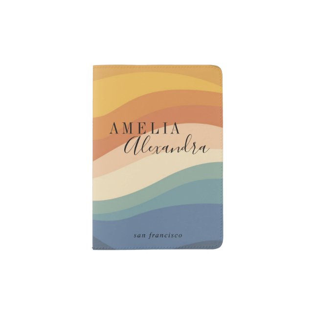Boho Retro Script Abstract Wavy Lines Yellow Blue Passport Holder (Front)
