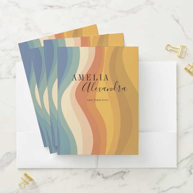 Boho Retro Script Abstract Wavy Lines Yellow Blue Pocket Folder (In Situ)