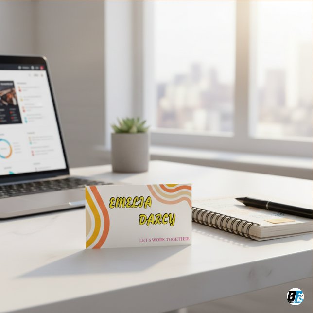 Boho Retro Script Abstract Wavy Lines Yellow  Business Card (Creator Uploaded)