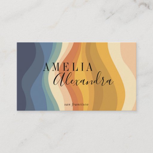 Customizable Boho Retro Script Abstract Wavy Lines Yellow QR  Business Card