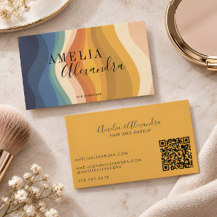 Boho Retro Script Abstract Wavy Lines Yellow QR Business Card