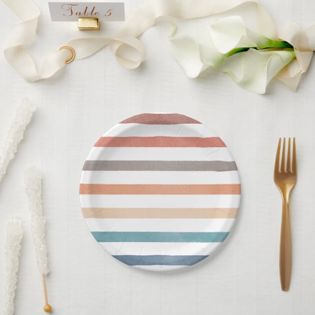 Boho Retro Stripes Pattern Paper Plates (Wedding)