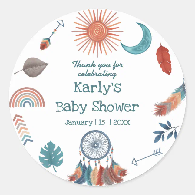Boho Retro Sun Moon Baby Shower Thank You Classic Round Sticker | Zazzle