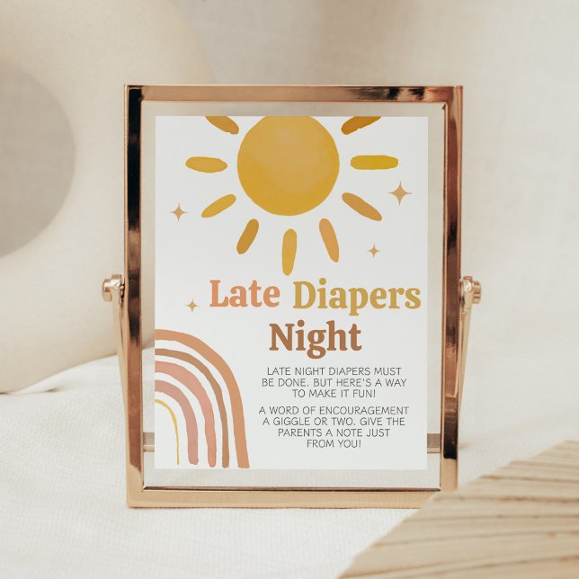 Boho Retro Sunshine Baby Shower Late Night Diapers Poster (Here Comes the Sun Baby Shower Late Night Diapers Sign)