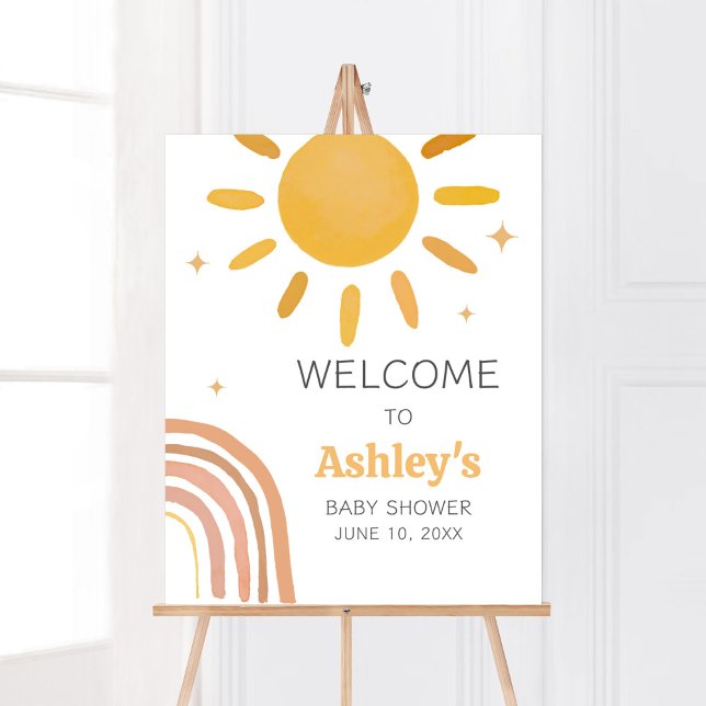 Boho Retro Sunshine Baby Shower Welcome Poster (Here Comes the Sun Baby Shower Welcome Sign)