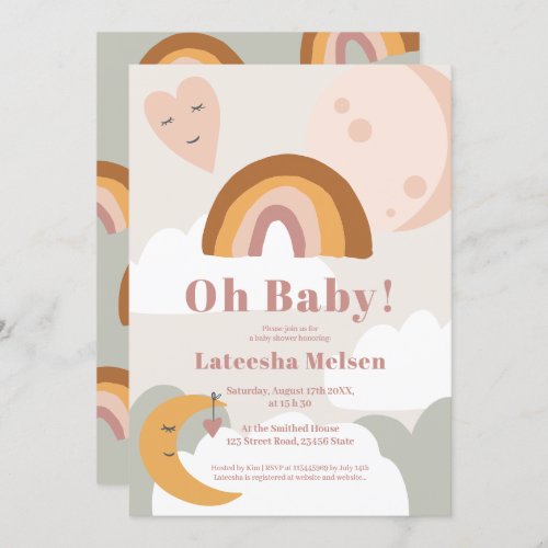 Boho retro terracotta rainbow moon baby shower invitation