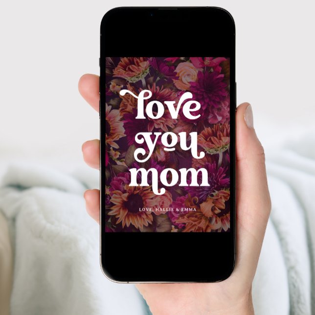 Boho Retro Text | Love you Mom Bold Floral Holiday Card (Front Digital)