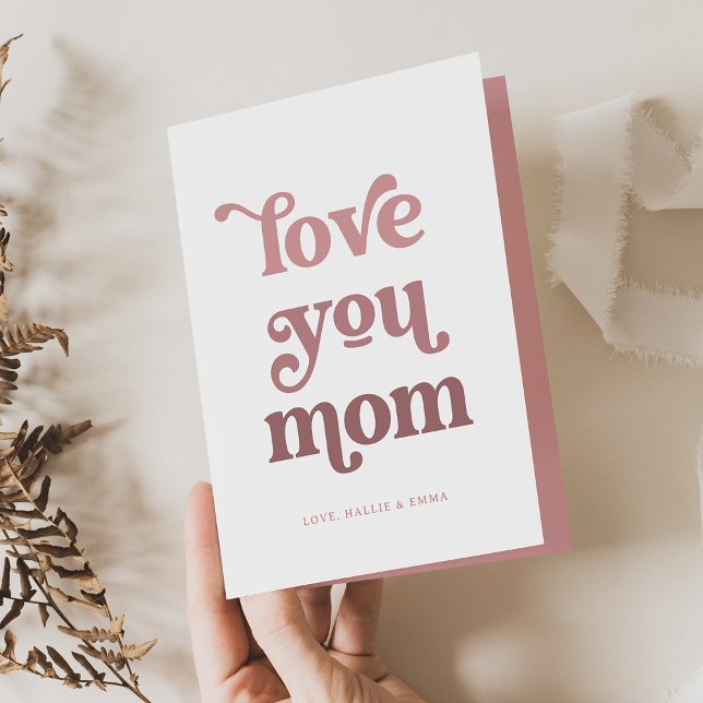 Boho Retro Text | Love you Mom Gradient Pink Photo Holiday Card (Creator Uploaded)