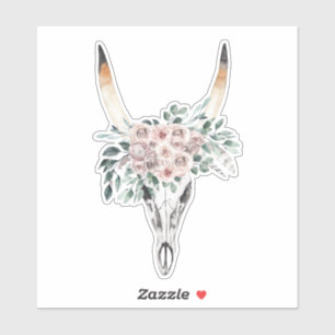 Boho retro vintage cow steer horns skull flowers sticker
