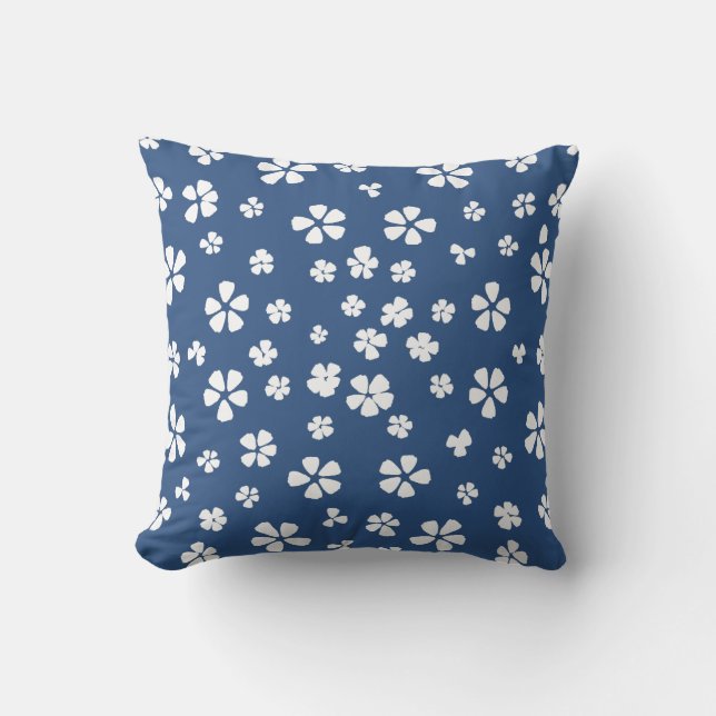 Boho retro white wildflower blue throw pillow (Front)
