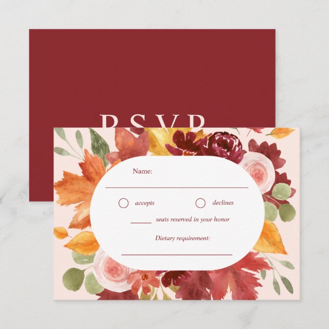 Boho Romantic Floral Burgundy Fall Wedding RSVP Card (Front/Back)