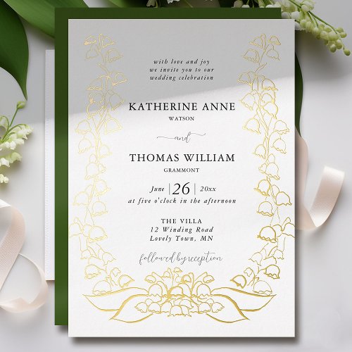 Boho Romantic Floral Sketch Lily of Valley Wedding Foil Invitation