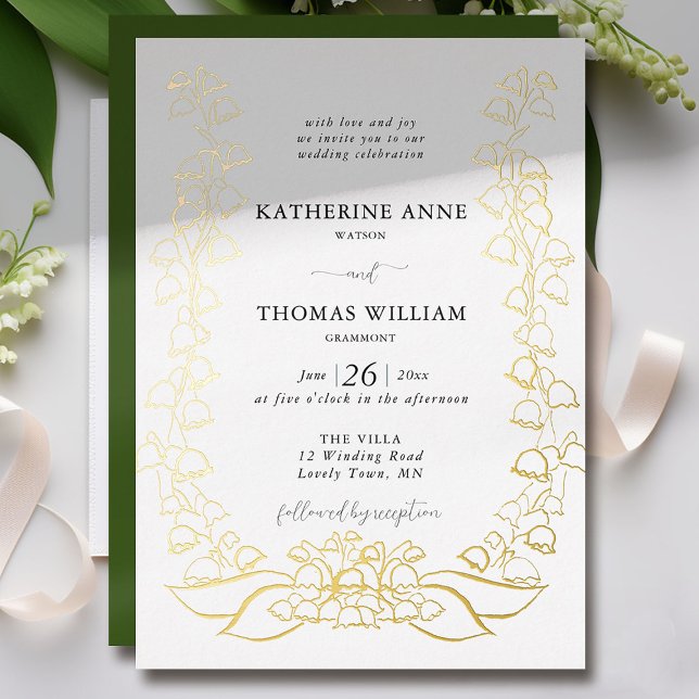 Boho Romantic Floral Sketch Lily of Valley Wedding Foil Invitation (lily of the valley wedding invitation boho romantic casual formal elegant gold foil floral sketch)
