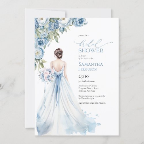 Boho Romantic Peonies dusty blue wedding gown Invitation