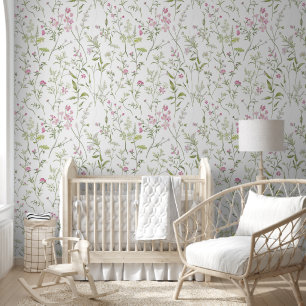 Boho Romantic Pink and Green Wildflowers Wallpaper