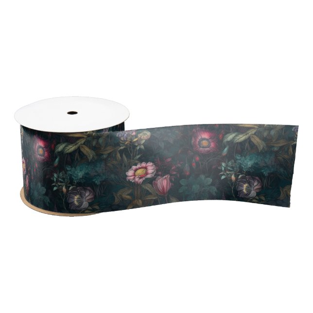 Boho Romantic Pink & Green Floral Dark Background Satin Ribbon (Spool)