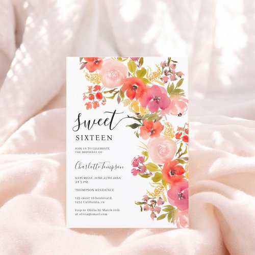 Boho romantic pretty floral script coral sweet 16 invitation