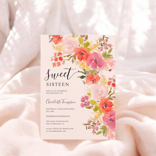 Boho romantic pretty floral script pink sweet 16 invitation