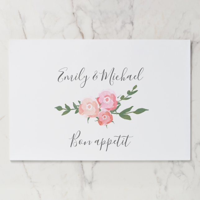 boho romantic  watercolor blooming roses wedding paper placemat (Front)
