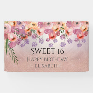 Boho romantic watercolor floral sweet 16 party ba banner
