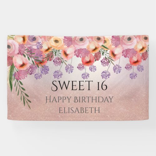 Boho romantic watercolor floral  sweet 16 party ba banner