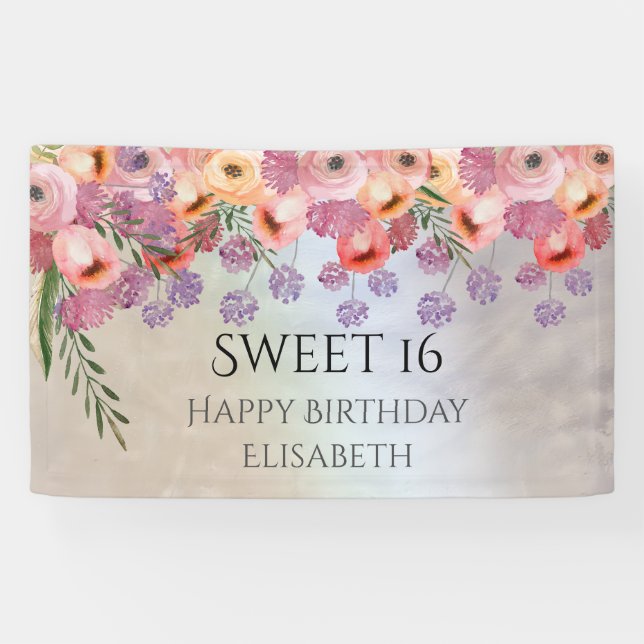 Boho romantic watercolor floral  sweet 16 party banner (Horizontal)