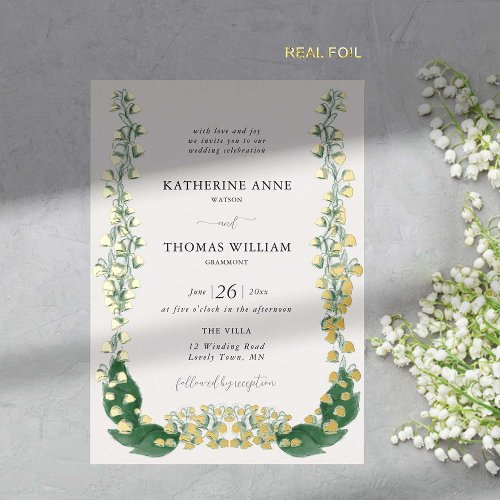 Boho Romantic Watercolor Lily Valley Wedding Gold Foil Invitation