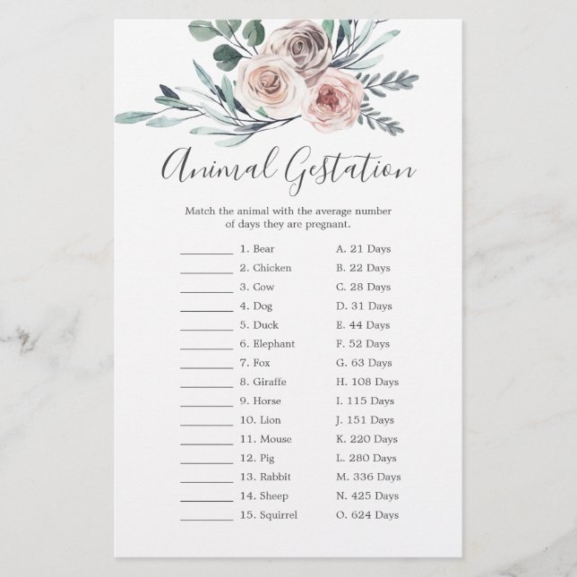 Boho Rose Baby Shower Animal Gestation Game (Front)