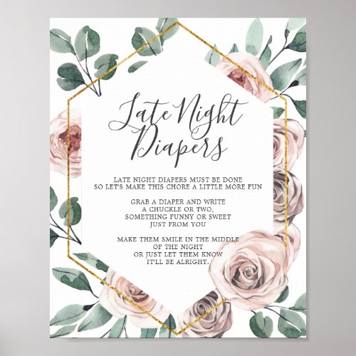 Boho Rose Baby Shower Late Night Diapers Sign