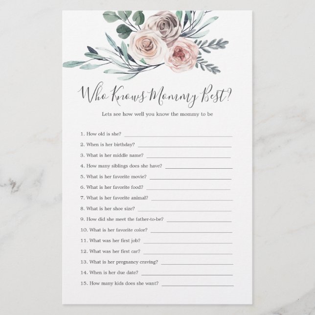 Boho Rose Baby Shower Who Knows Mommy Best (Front)