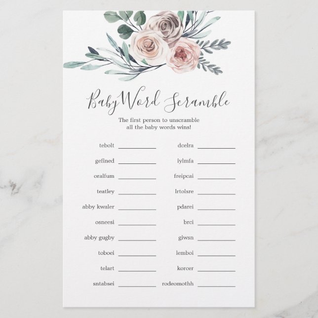 Boho Rose Baby Shower Word Scramble Game (Front)