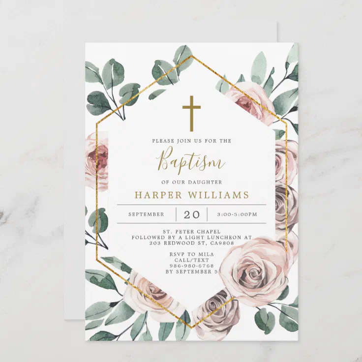 Boho Rose Baptism/Christening Invitation | Zazzle