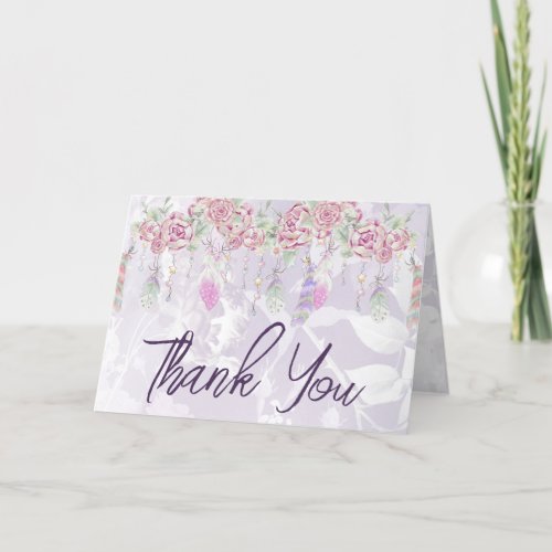 Boho Rose  Feathers Watercolor Floral Thank You Card