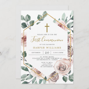 Boho Rose First Communion Invitation