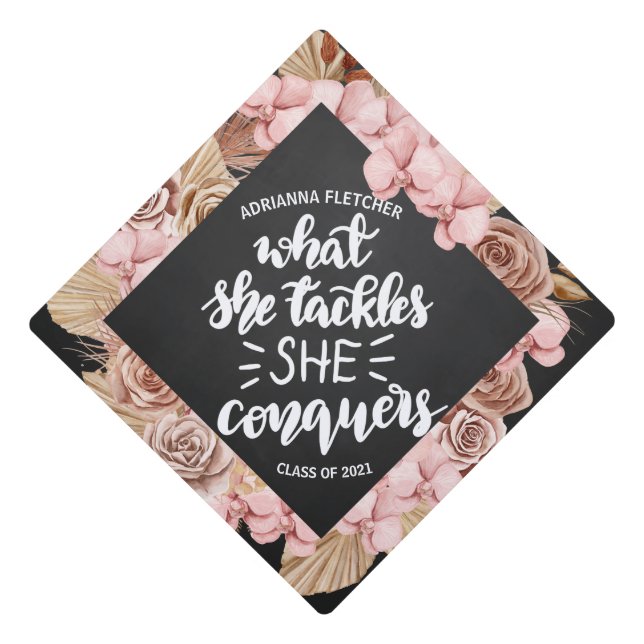 Boho Rose Floral Inspirational Script  Graduation  Cap Topper (Front)