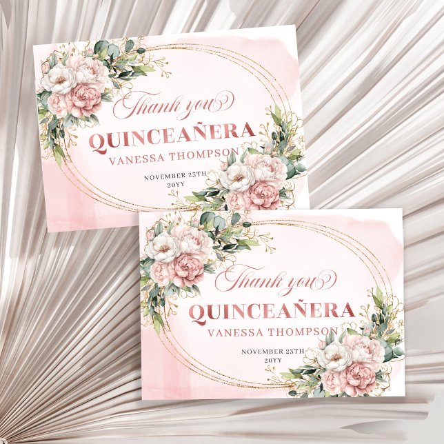 Boho Rose Gold Blush Floral Greenery Mis Quince  Thank You Card (Boho Rose Gold Blush Floral Greenery Mis Quince Thank You)