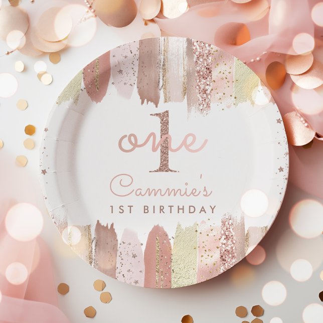 Boho Rose Gold Blush Rainbow 1st Birthday Party Paper Plates (Creator Uploaded)