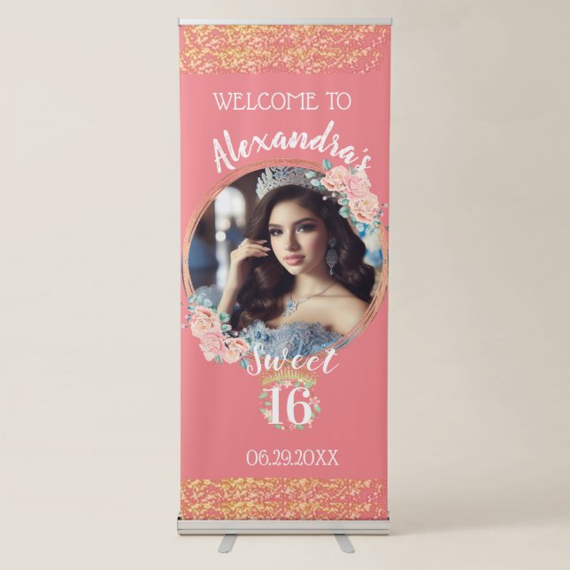 Boho Rose Gold Custom Photo Sweet Sixteen Retractable Banner (Front)