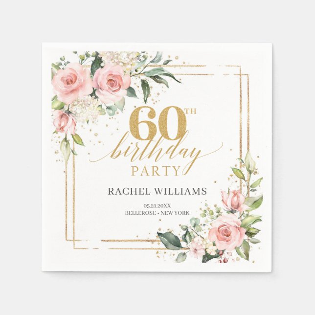 Boho rose gold floral eucalyptus 60th birthday napkins (Front)