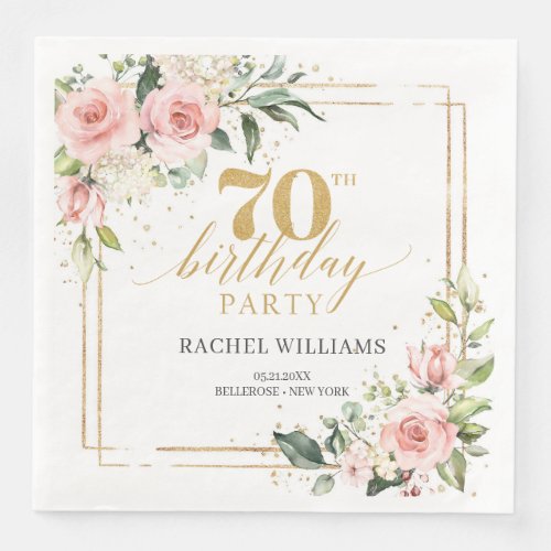 Boho rose gold floral eucalyptus 70th birthday paper dinner napkins