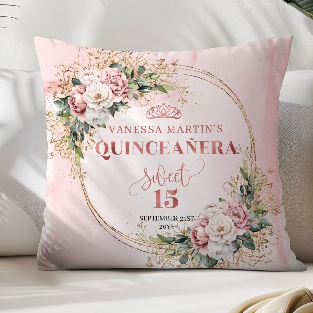 Boho Rose Gold Floral Greenery Mis Quince Birthday Throw Pillow (Rose Gold Floral Greenery Mis Quince Birthday Pillow)