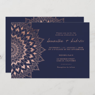 Boho rose gold floral lace mandala navy wedding invitation