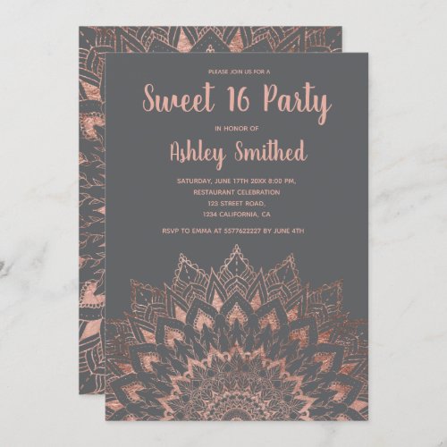 Boho rose gold floral mandala gray chic Sweet 16 Invitation