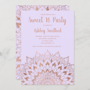 Boho rose gold floral mandala lavender Sweet 16 Invitation