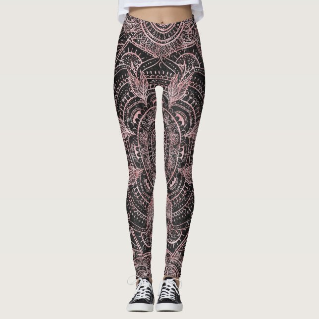 Boho Rose Gold Gray Mandala Elegant Design Leggings (Front)