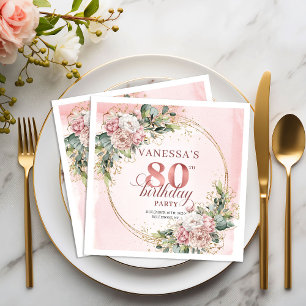 Boho Rose Gold Greenery Floral 80th Birthday Party Napkins