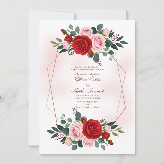 Boho Rose Gold Hexagon Floral Wedding Invitation (Front)