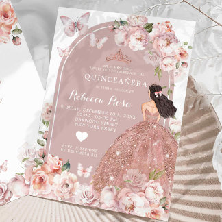Boho Rose Gold Mexican Girl Princess Quinceañera Invitation