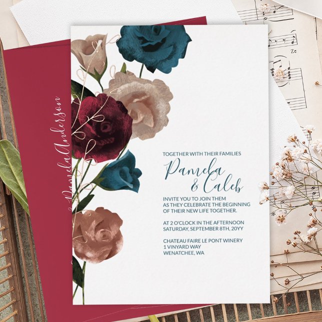 Boho Rose Gold, Teal, Burgundy Wedding Foil Invitation (Burgundy, Teal, Beige Roses Wedding Invitation, Rose Gold Foil Leaves, Botanical Bouquet Boho)