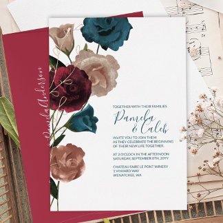 Boho Rose Gold, Teal, Burgundy Wedding Foil Invitation